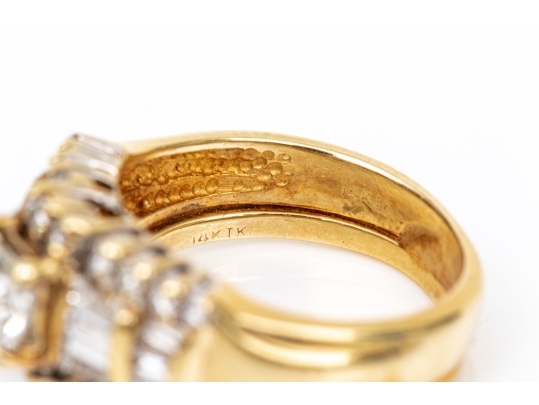 14k Radiant, Cut, Round And Baguette Diamond Ring With Attached Band, App. 1.02 TCW, Size 4.5