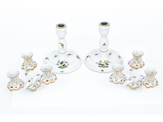 Pair Of Herend Hand-Painted Porcelain Convertible 3-Light Candelabra, Rothschild Bird (RO) Pattern