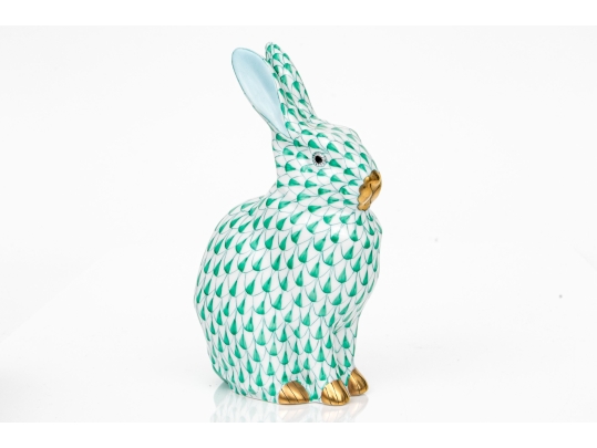 Herend Hungary Hand-Painted Porcelain Rabbit Figure, Green Fishnet Pattern