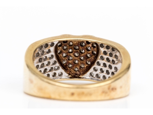 10k Yellow Gold Fun Brown And White Pave Diamond Heart Motif Ring, App. 0.98 TCW, Size 6.75+