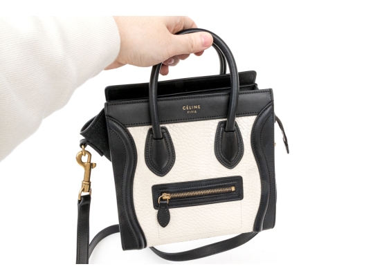 Celine Black And Soft White Leather Top Handle Bag, With Shoulder Strap