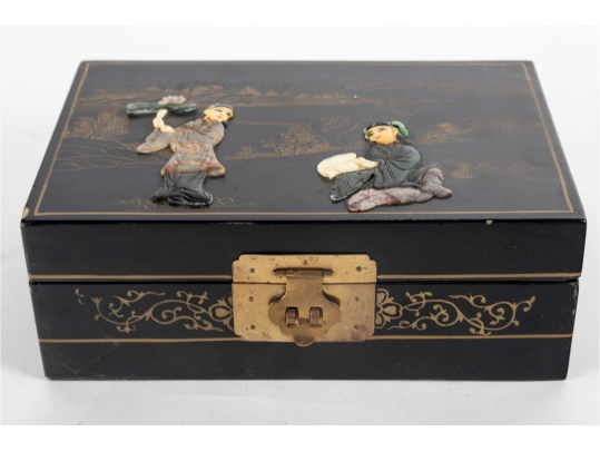 Chinese Black Lacquer Jewelry Box With Hardstone Figures