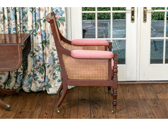 Mahogany And Cane Custom Upholstered Accent Armchair
