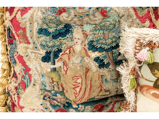 Two Accent Pillows, Including An 18th C. Tapestry Fragment Embroidered Onto A Later Needlepoint Pillow