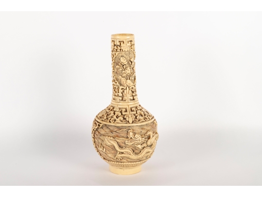 Chinese Carved Celluloid Vase With Dragon And Flower Motifs