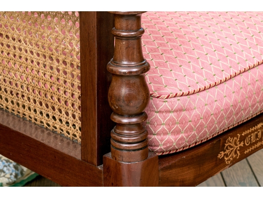Mahogany And Cane Custom Upholstered Accent Armchair
