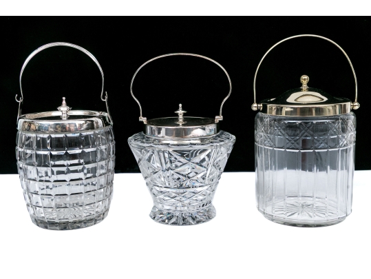 Three Antique Cut Glass And Silverplate Biscuit Jars 