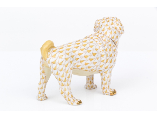 Herend Hungary Hand-Painted Porcelain Pug Figure, Butterscotch Fishnet Pattern