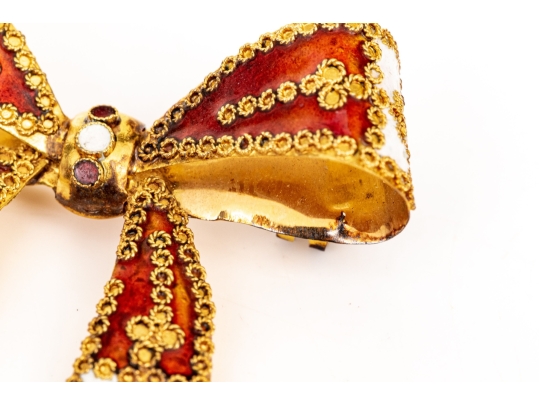 French 800 Vermeil Silver Beautiful Ornate Red And White Fringed Enamel Bow Brooch