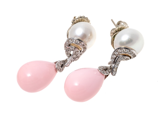 14k Yellow Gold Stunning White South Sea Pearl And Pink Peach Coral Drop Earrings