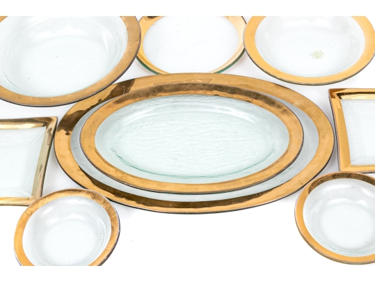 Annieglass, 9 Piece Lavish Gilt Trimmed Glass Serving Wares