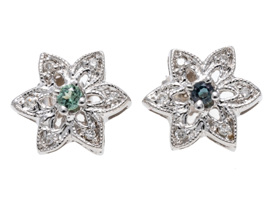 14K White Gold Cluster Earrings Green Spinel And White Zirconia