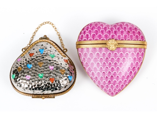 Two Gorgeous French Limoges Enameled Heart Form Pill Boxes