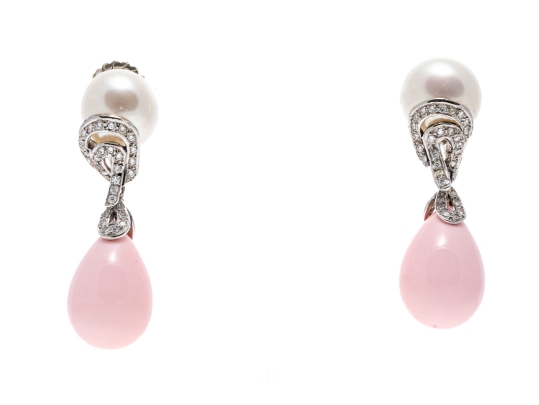 14k Yellow Gold Stunning White South Sea Pearl And Pink Peach Coral Drop Earrings