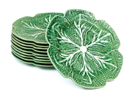 Set Of Ten Portuguese Bordallo Pinheiro Hand-painted Cabbage Form Chargers