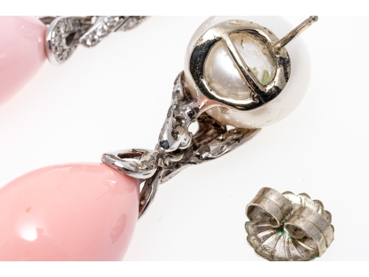 14k Yellow Gold Stunning White South Sea Pearl And Pink Peach Coral Drop Earrings