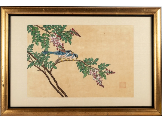 Framed Asian Painting On Silk Of Blue Jays And Blossoms