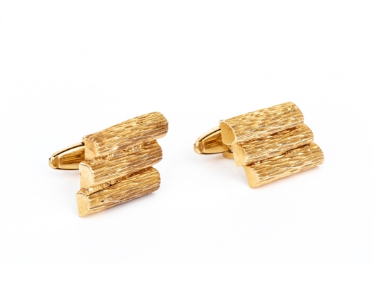 14k Yellow Gold Vintage Brutalist Motif Lozenge Shaped Lever Back Cufflinks