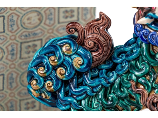 Koji Pottery Enameled Ceramic Figure Of A Foo Dog On Ball