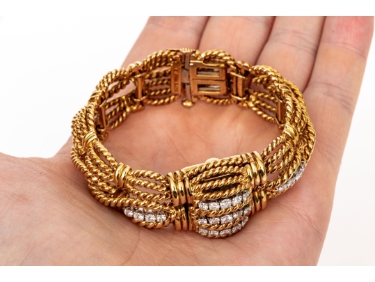 David Webb 18k Yellow Gold Stunning Vintage Diamond Set Rope Motif Bracelet, With Hidden Watch