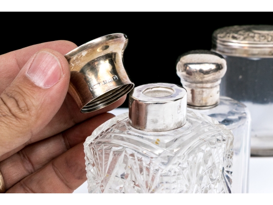 Antique Collection Of Five Sterling Silver Mounted Vanity Items