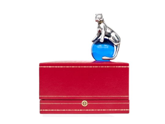 Cartier Sterling Silver Panther And Crystal Ball Paperweight, With Box