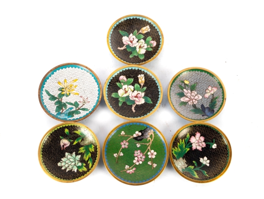 Set Of Seven Cloisonné Enamel Floral Dishes