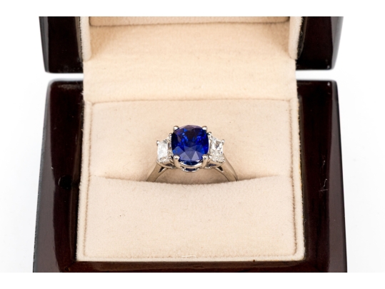 Platinum Beautiful Sapphire And Diamond Three Stone Ring, Size 5.75
