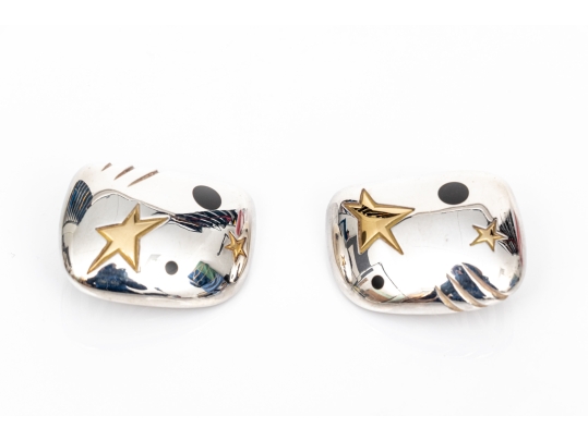 Michael Bondanza Sterling And 18k Fun Vintage Star And Black Onyx Inlay Chunky Earrings