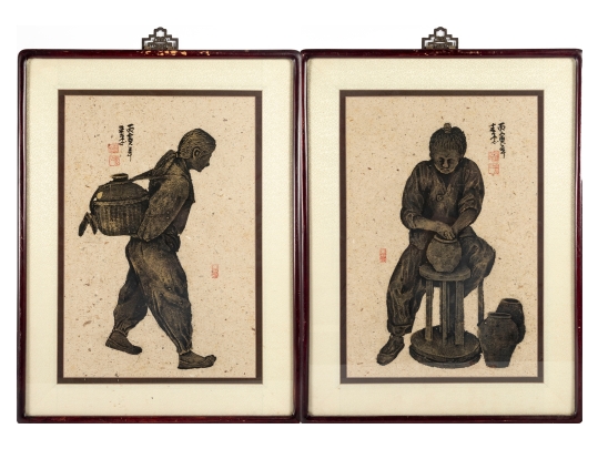 Pair Of Framed Asian Ink Drawings On Textured Paper