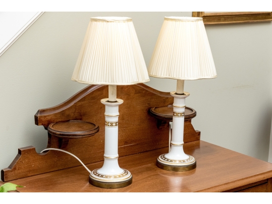 Pair Of Gilt Decorated Ceramic Candle Form Table Lamps