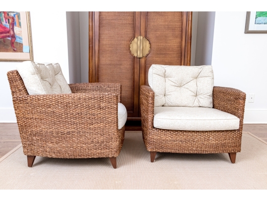 Pair Of Nancy Corzine Furniture Rattan Woven Accent Armchairs