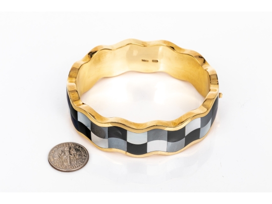 Tiffany & Co. 18k Yellow Gold Angela Cummings Fabulous Inlaid Wave Bangle, With Box