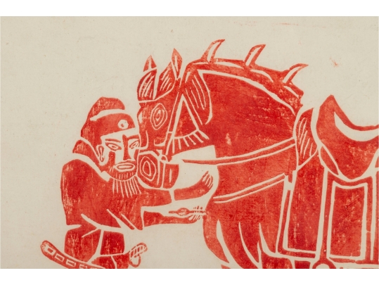 Chinese Vintage Framed Stone Rubbing Scroll Depicting A Warrior