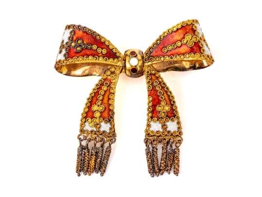 French 800 Vermeil Silver Beautiful Ornate Red And White Fringed Enamel Bow Brooch