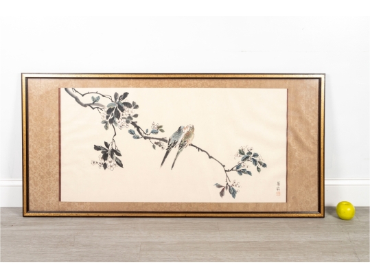 Large Chinese Ink And Watercolor Painting Of Birds On A Branch