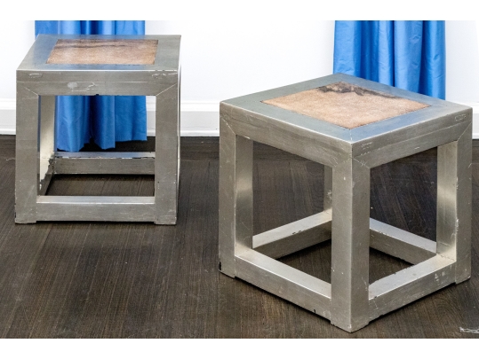 Pair Of Silvered Wood And Stone Top Accent Tables