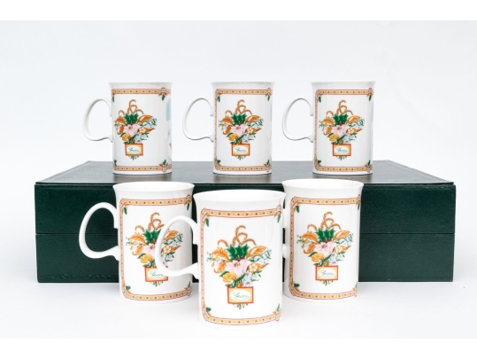 Gucci Vintage Set Of Six Bone China Christmas Themed Mugs, Boxed