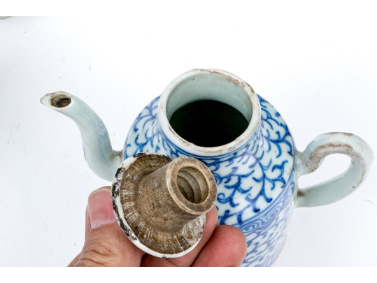 Two Blue And White Porcelain Wares, Including A Lidded Kettle And Lidded Tea Caddy