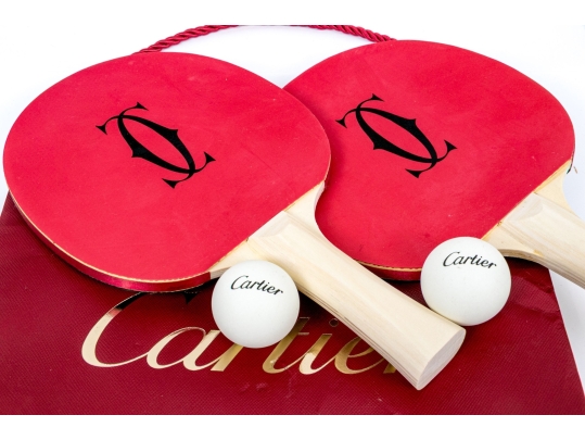 Pair Of Vintage Cartier Ping Pong Paddles And Balls 