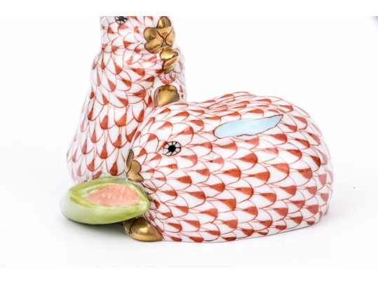 Herend Hungary Hand-Painted Porcelain Figure, Rust Fishnet Rabbits With Corn