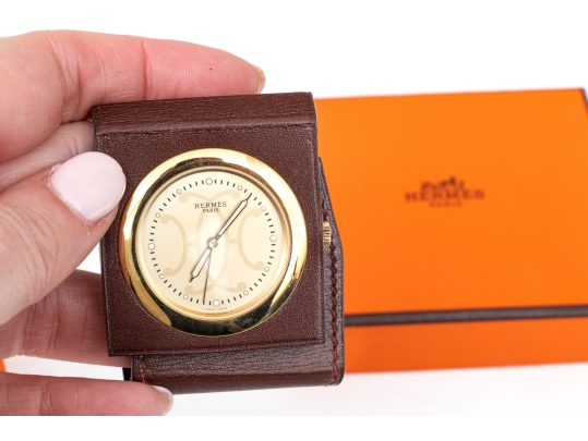 Hermes Diminutive Travel Alarm In Leather Case, Boxed