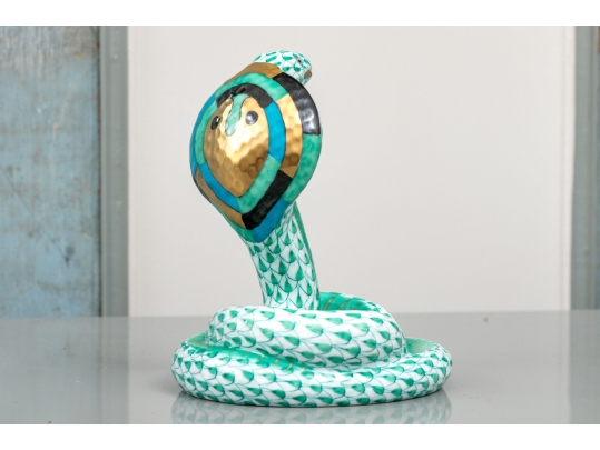 Herend Hungary Hand-Painted Porcelain Cobra, Green Fishnet Pattern