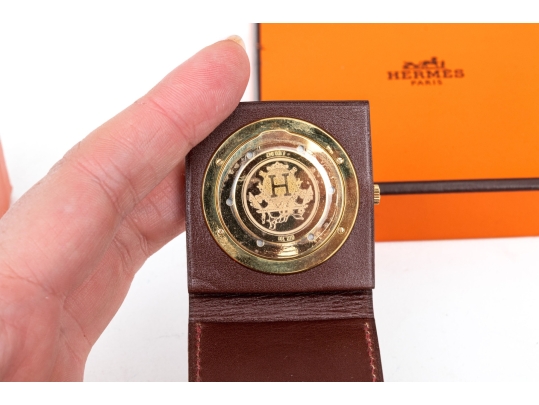 Hermes Diminutive Travel Alarm In Leather Case, Boxed