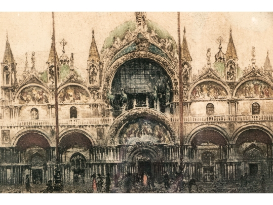 J. Wolf, Signed Hand Colored Etching, St. Mark's Basilica, Piazza San Marco Venice 