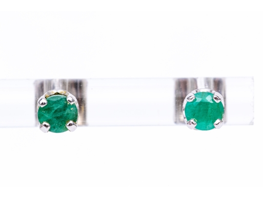 14k White Gold Opaque Round Emerald Stud Earrings, App. 0.36 TCW