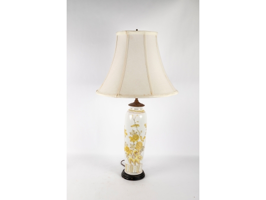Porcelain Table Lamp With Yellow Floral And Bird Motif