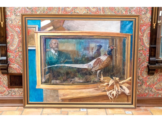 Oil On Canvas Painting Depicting A Man And Pheasant