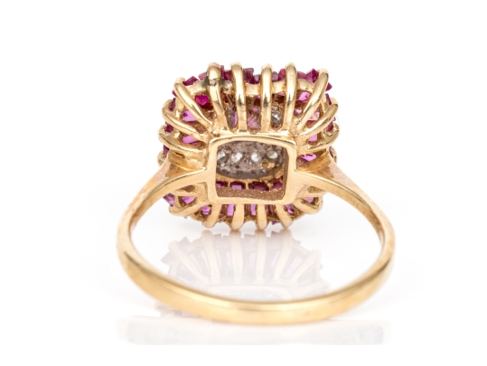 14k Yellow Gold Ruby And Diamond Cluster Ring, App. 0.03 TCW In Diamonds, Size 7.75