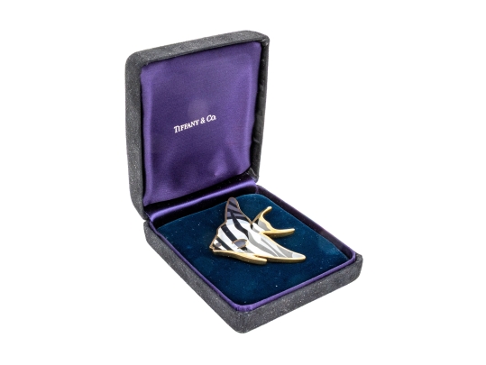 Tiffany & Co. 18k Yellow Gold Angela Cummings Stunning Inlaid Angel Fish Brooch, With Box